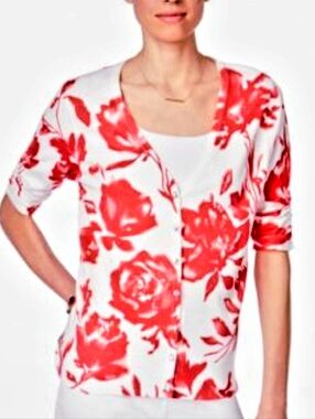 Nwot I.N.C. White & Pink Floral Ruched Shortsleeve V Neck  Button Front Knit Top